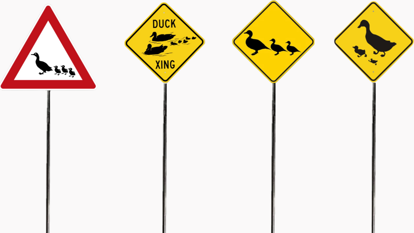 N Scale - Duck Crossing Sign Pack – 4 Fun Signs with Metal Poles