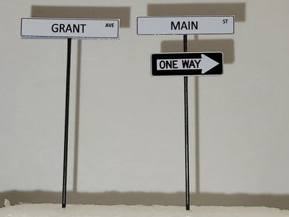 O Scale Street Signs, Model Railway Street Signs, Black and White Street Signs with traffic sign, Custom Made Signs