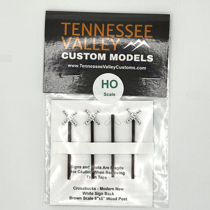 Model Railway Sign, Model Railroad Sign, Modern Cross bucks,White background, x shape, four pack, Model Railroad Layout, Diorama, metal pole, white post, brown post, creosote post, Scale, O Gauge, N Scale, N Gauge, HO Scale, HO Gauge, S Scale, S Gauge 