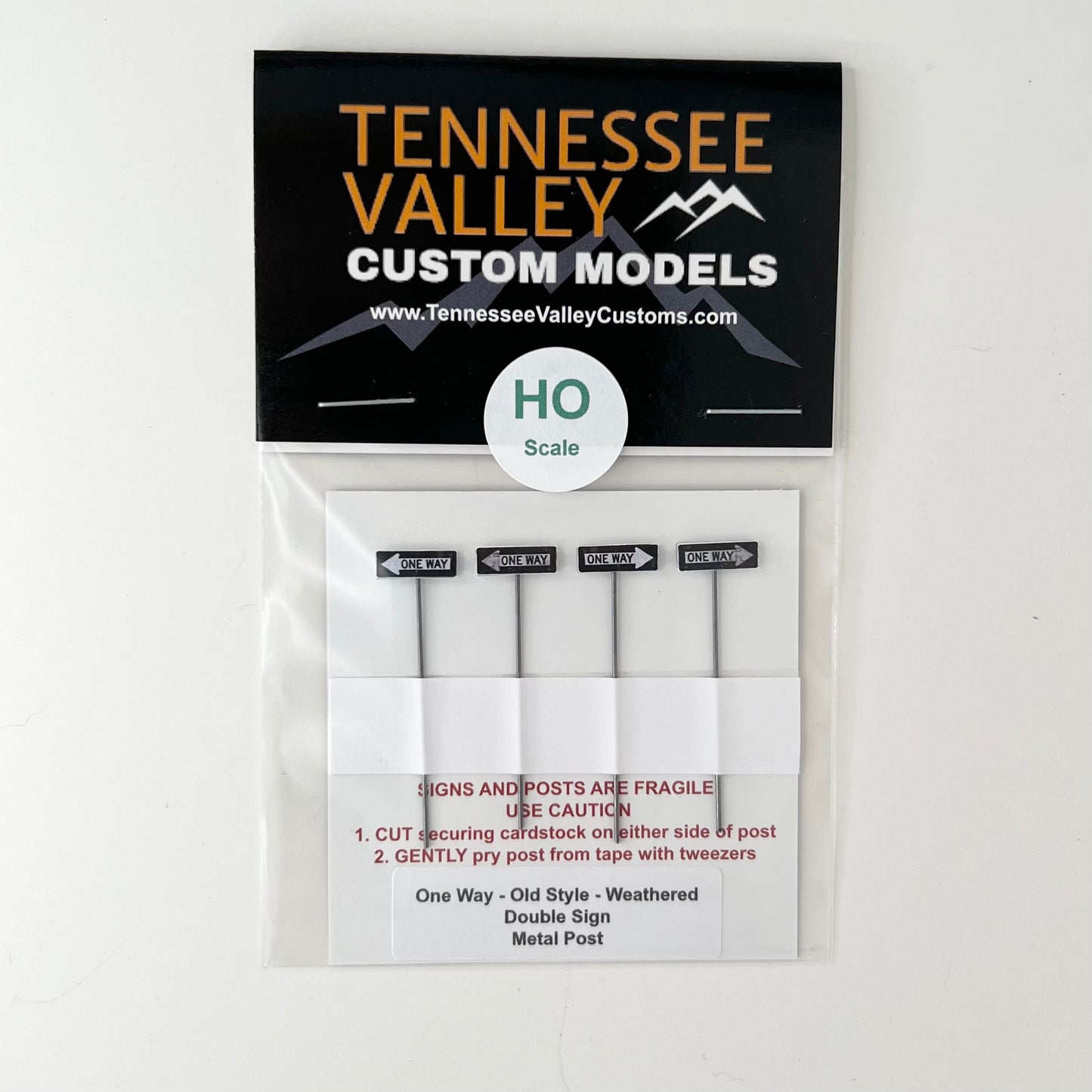 HO example Double Sided One Way Sign,  Black Rectangle, White Arrow, Model Train Sign, Model Railroad Sign, Model Railway Sign, HO Gauge, O Scale, N Gauge, N Scale, HO Gauge, HO Scale, S Gauge, S Scale, Metal Pole , Wood poles 4 pack