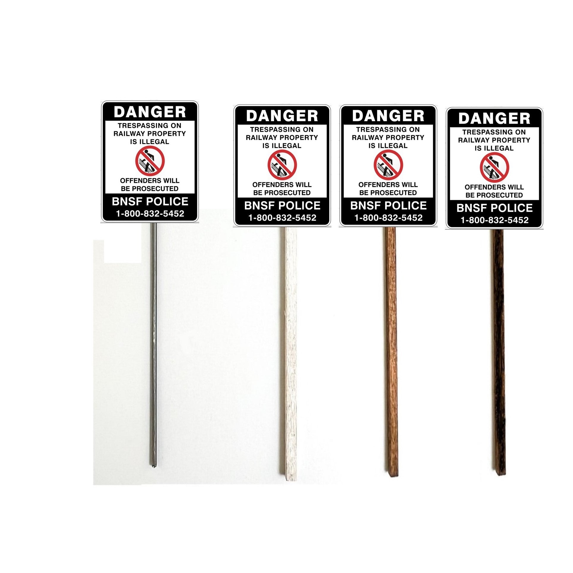 Burlington Northern Santa Fe Railroad Company Danger Warning Sign, Model Railroad Sign, Model Railway Sign, Gold Diamond Firetruck, O Gauge, O Scale, N Gauge, N Scale, HO Gauge, HO Scale, S Gauge, S Scale, Metal Pole, Wood Pole, Creosote Pole, Whitewash Pole, BNSF