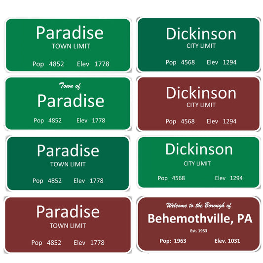 Model Railroad City Limit signs , O Scale, HO Scale, N Scale, S Scale Green background, white lettering, Tuscan Red Background