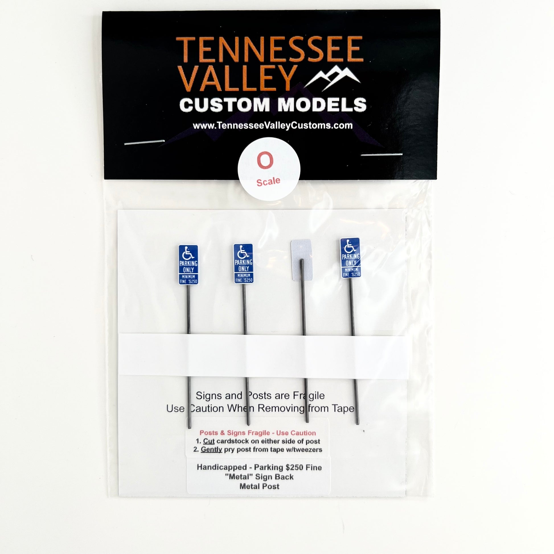 Model Railway Sign, Model Railroad Sign, Handicap Parking Only, Minimum fine $250, Wheelchair graphic, four pack, Model Railroad Layout, Diorama, metal pole, white post, brown post, Scale, O Gauge, N Scale, N Gauge, HO Scale, HO Gauge, S Scale, S Gauge 