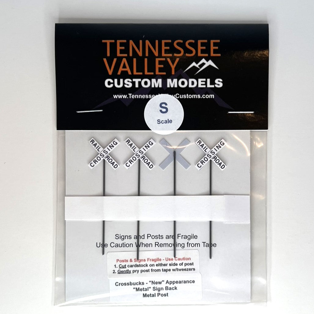 Model Railway Sign, Model Railroad Sign, Modern Cross bucks,White background, x shape, four pack, Model Railroad Layout, Diorama, metal pole, white post, brown post, Scale, O Gauge, N Scale, N Gauge, HO Scale, HO Gauge, S Scale, S Gauge 