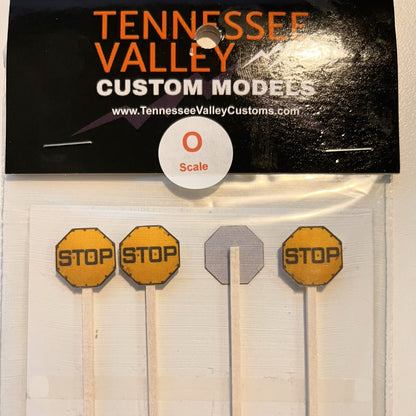 HO Scale - Yellow Stop Sign w/ Rivets - 4 Pack - Choice of Poles