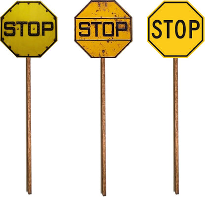 HO Scale - Yellow Stop Sign w/ Rivets - 4 Pack - Choice of Poles