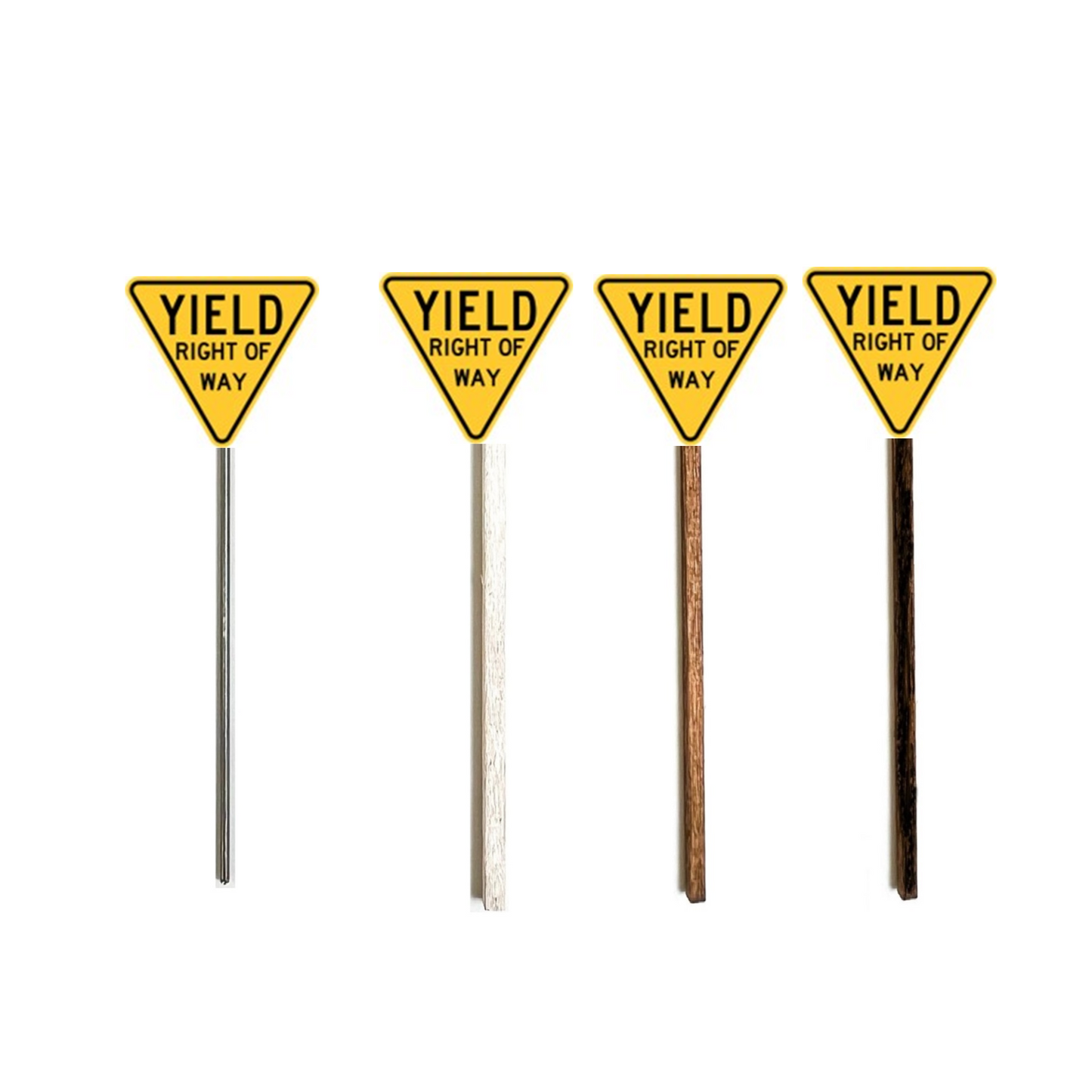 Old Fashioned Yellow Yield Right of Way Sign, Model Train Sign, Model Railroad Sign, Model Railway Sign, O Gauge, O Scale, N Gauge, N Scale, HO Gauge, HO Scale, S Gauge, S Scale, Metal Pole, Whitewash Pole, Brown Wood Pole, Creosote Pole