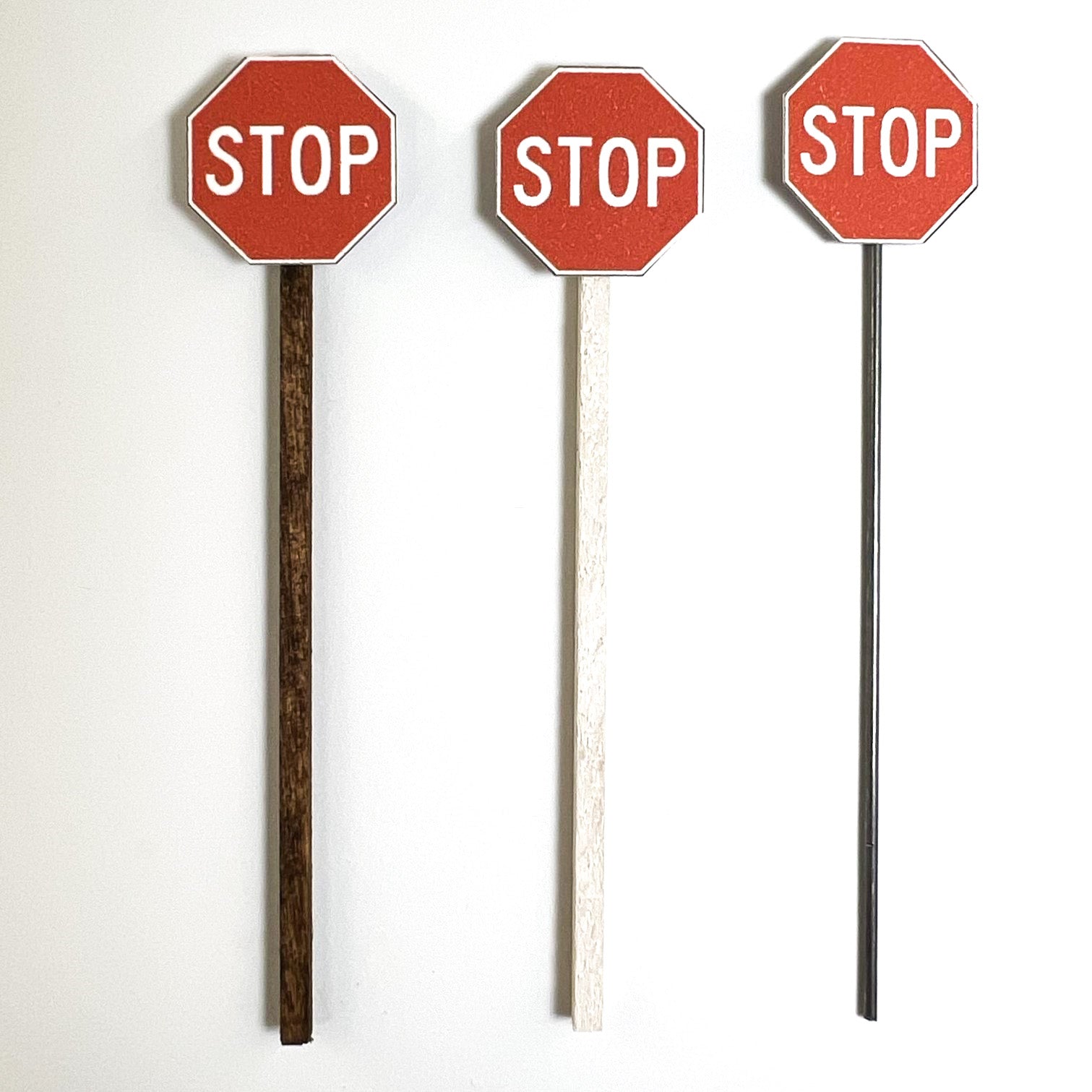 Model Railroad Stop Sign Red Octagon White lettering, brown wood, white wood or metal pole