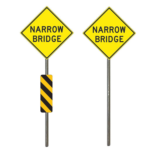 Model Railroad Narrow Bridge Sign, Yellow Diamond, Black lettering. With or without hazard marker. Shown with Metal pole.