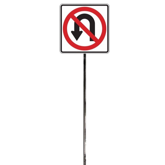 Model Railroad Layout Sign, No U Turn symbol on white square sign, mounted on metal pole