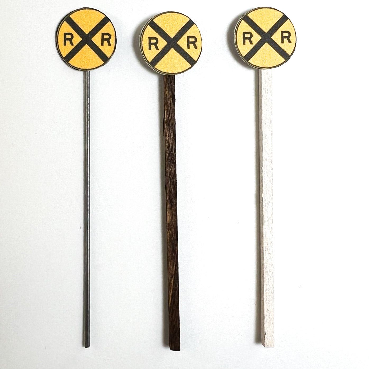Model Railroad Grade Crossing Advance Warning Sign. Yellow circle, R X R Metal pole, white or brown wood post. HO Gauge, HO Scale