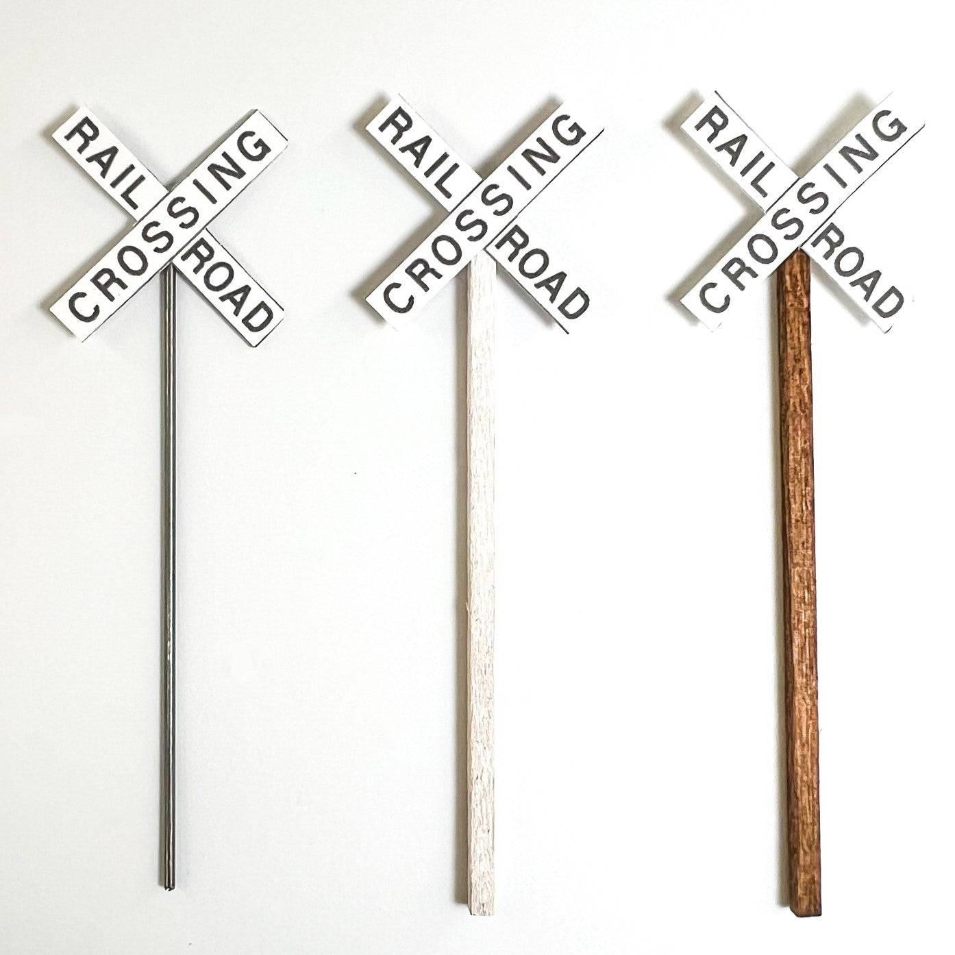 Model Railroad Modern Crossbuck signs with metal pole, white wood or brown wood posts