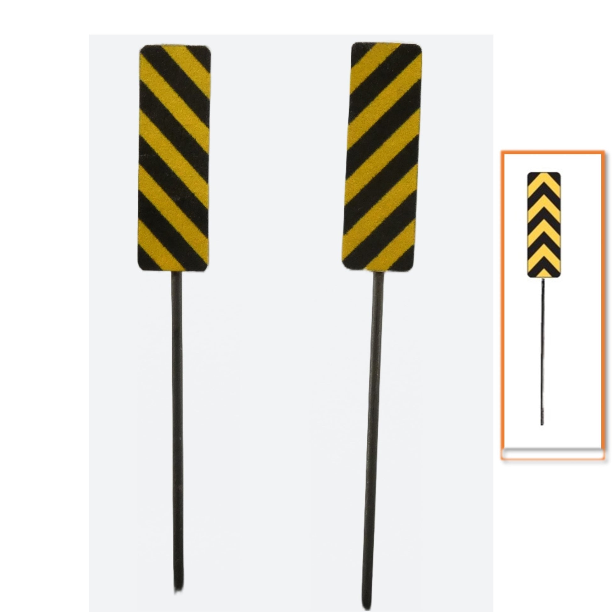 Model Railroad Hazard Markers, gold and black stripe, chevron style with metal pole. N Scale, N Gauge