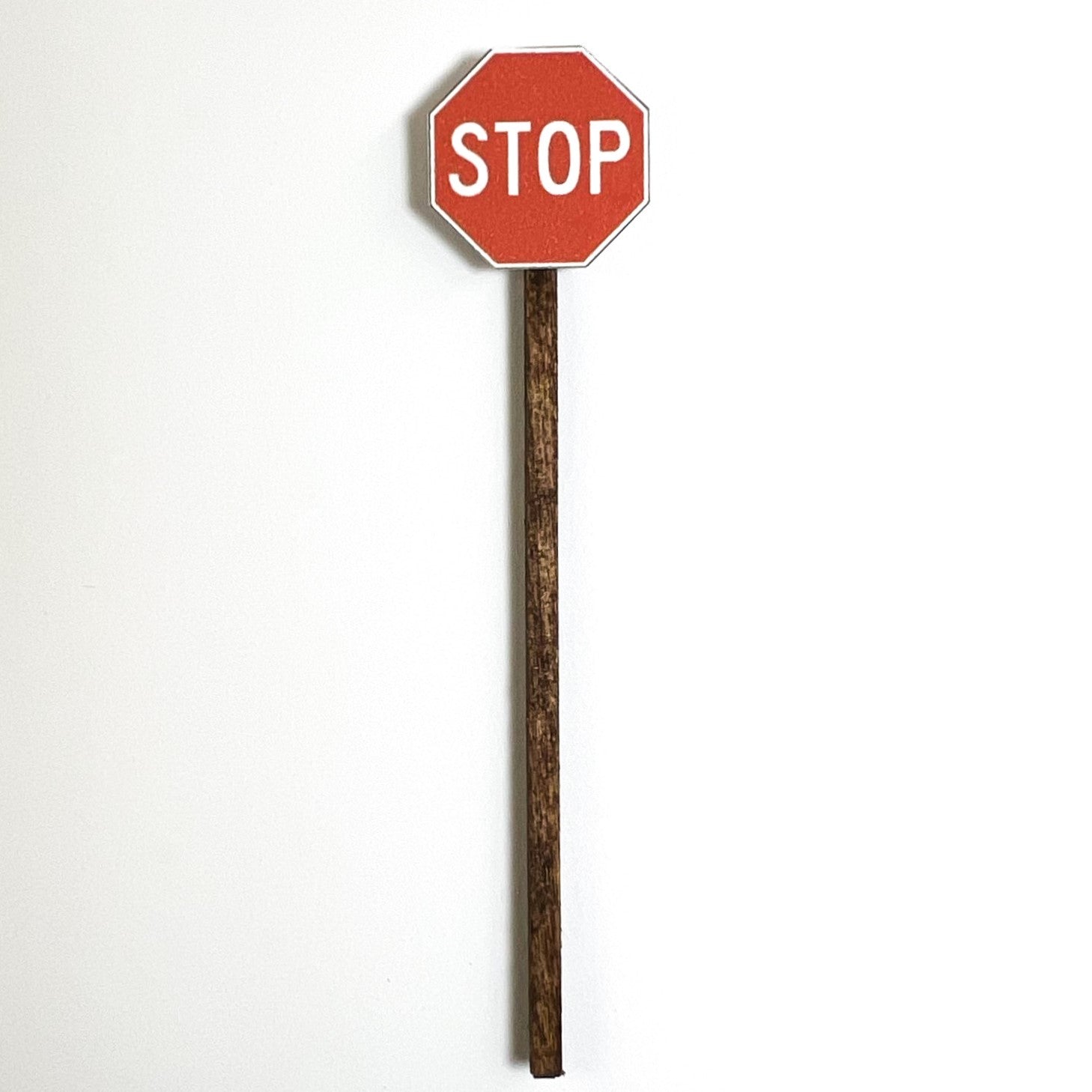 Model Railroad Stop Sign Red Octagon White lettering brown post